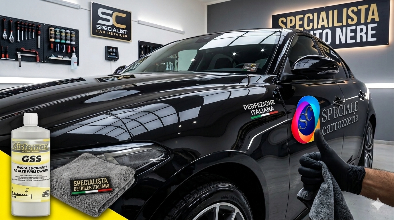 Si vede un auto nera brillante, sulla fiancata risalta il logo di Speciale Carrozzeria, una mano con il pollice i su, e la bottiglia della pasta GSS Sistemax