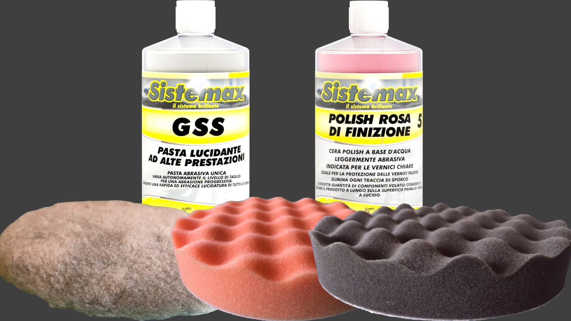 Kit PRO Base – Pasta abrasiva GSS,Polish Rosa, Tampone in lana misto sintetico, tampone Arancio Bugnato, Tapone nero pe polish Bugnato