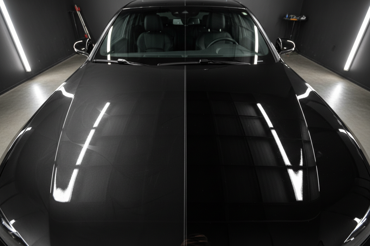 Carrozzeria auto divisa a metà: sinistra con swirl marks visibili, destra perfettamente lucida a specchio dopo trattamento professionale Sistemax